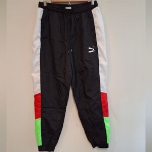 Y2K Puma Black Colorblock Track Pants with Red & Neon Green Accents Size Medium